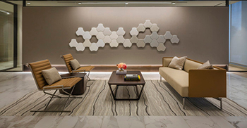 办公空间设计：地毯插入物和接待处的隔音墙营造出深思熟虑的时刻