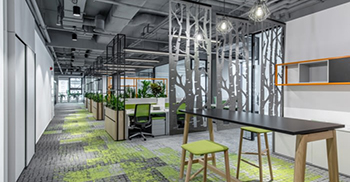 办公室装修效果——漆成灰色的深色裸露天花板用作背景以强调自然采光