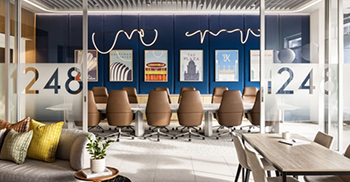 办公室装修：温暖的木材、丰富的皮革和纹理石材被选择性地用于整个空间