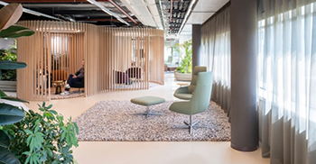办公室设计效果：室内设计展示了环境心理学和亲生物设计原则的应用