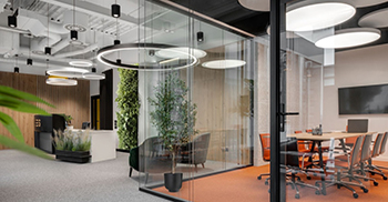 办公室装修风格：天然材料、自然色调和绿色植物与对比鲜明的口音相结合