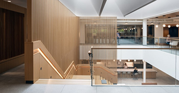 公司办公楼装修：蓝色、橙色和绿色的有机色调被谨慎使用，与简单的调色板形成对比