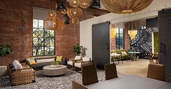 办公室设计装修：半开放空间与大型推拉门相连 以允许流畅的过渡