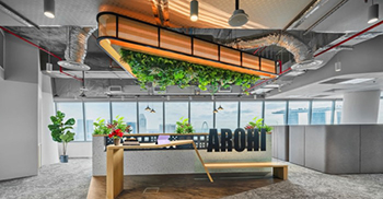 办公室室内装修：混凝土天花板的暴露营造出强烈的自然主义、深度和高度感