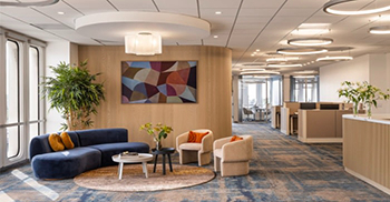 办公室装修：水彩蓝色和奶油色纹理地毯进一步突出了自然和触感的饰面